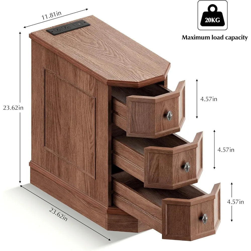HUANZHUANG Nightstand With Charging Station End Table Vintage Style
