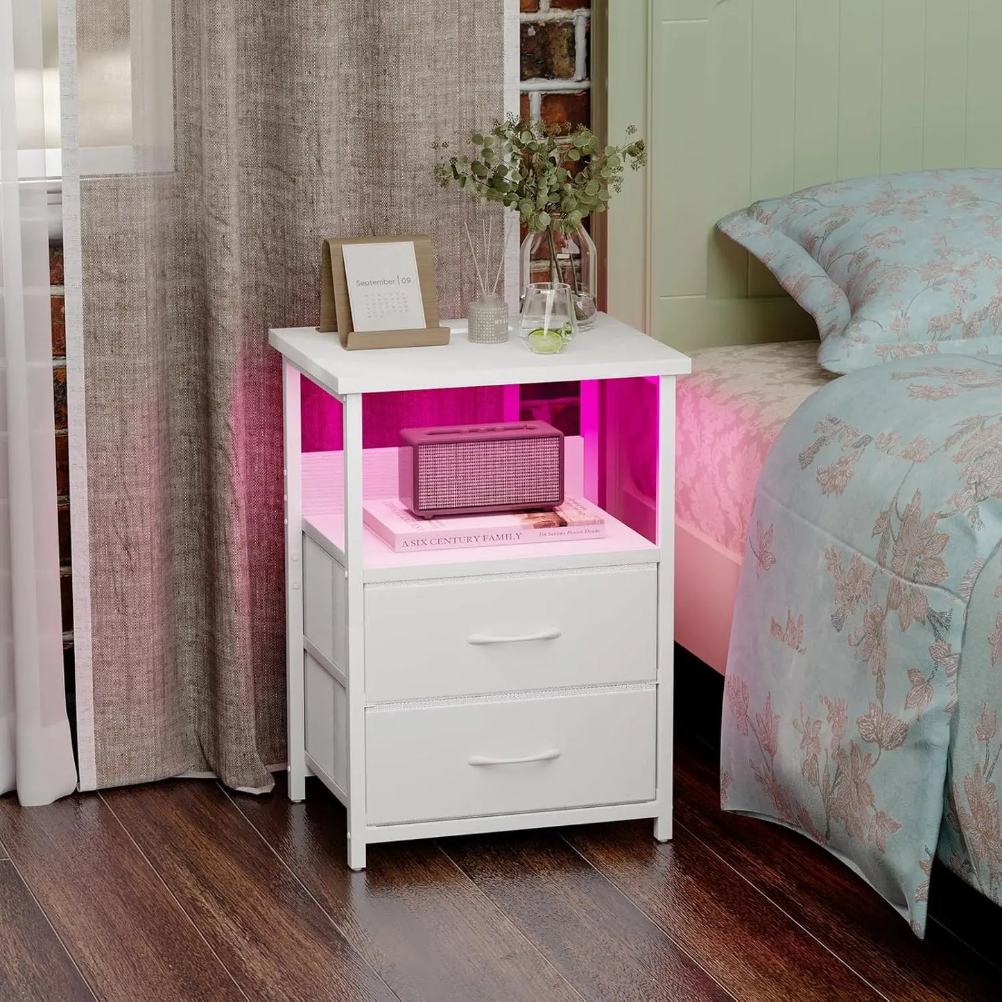 Drawer Nightstand Set of 2 With Charging Station LED
