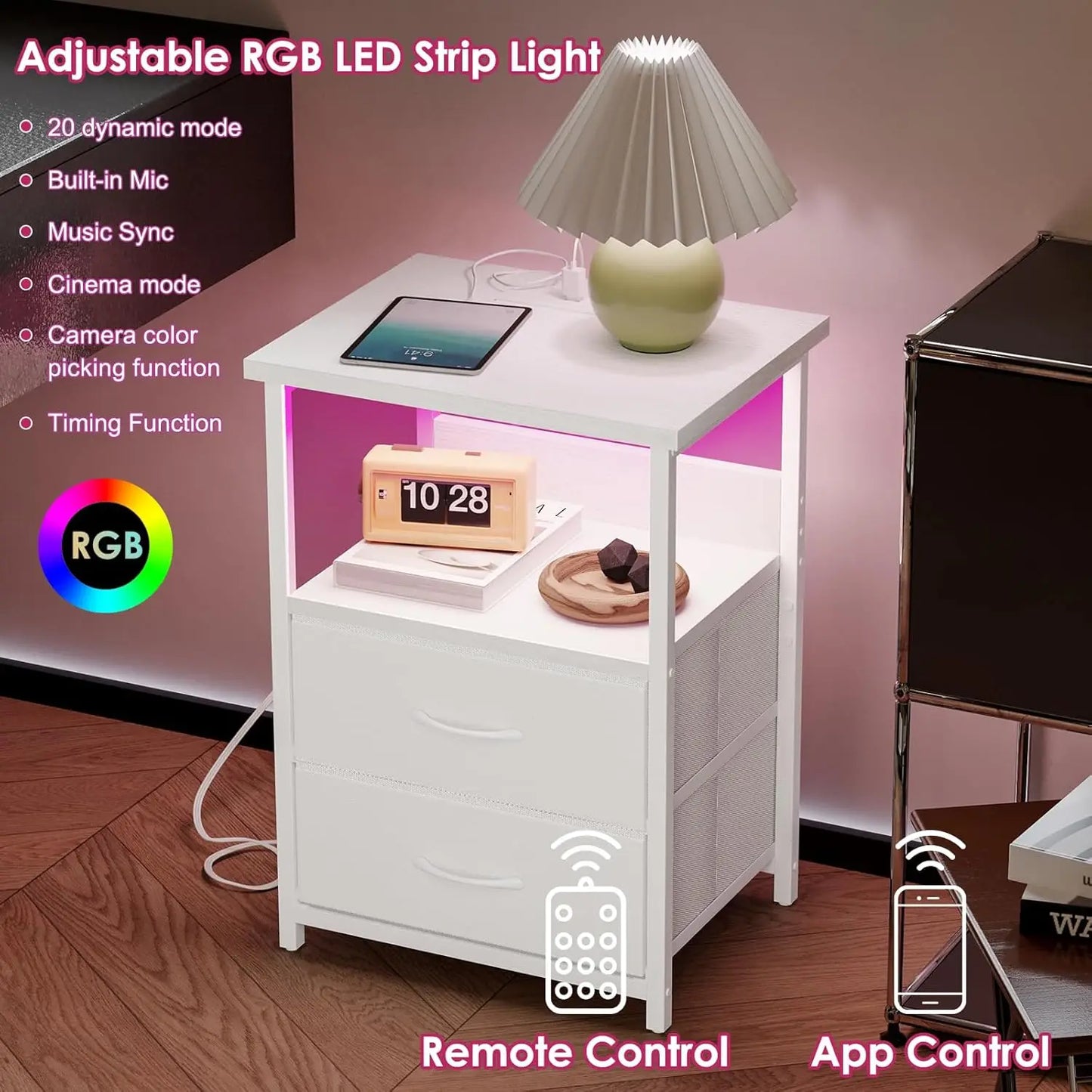 Drawer Nightstand Set of 2 With Charging Station LED