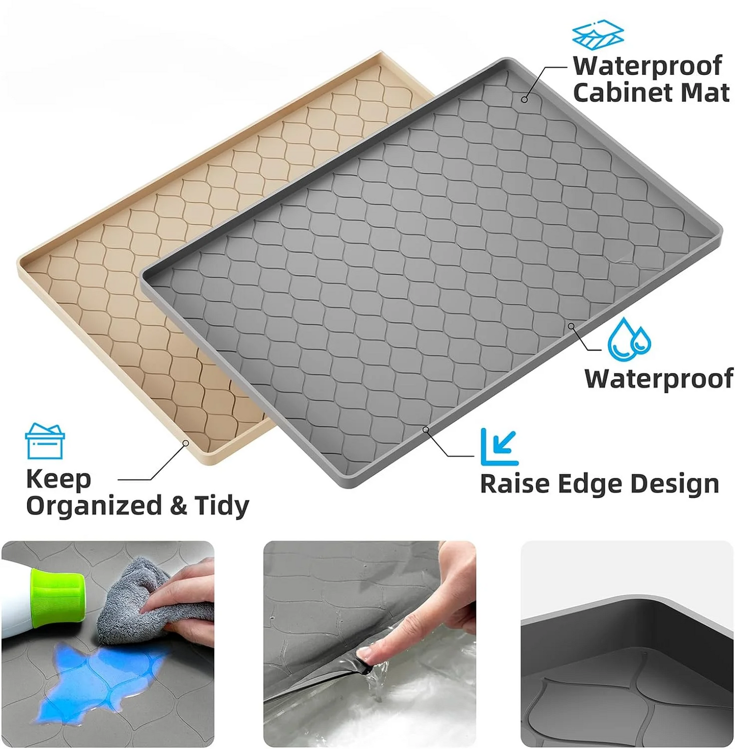 Waterproof Under Sink Mat -34” x 22” Cabinet Liner for Kitchen & Bathroom, Shelf Protector Silicone Under Sink Tray