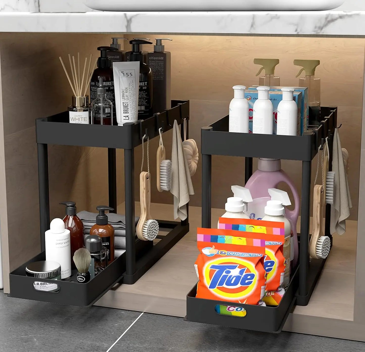 Double-Tier Pull-Out Under-Sink Storage Rack Set for Kitchen and Bathroom