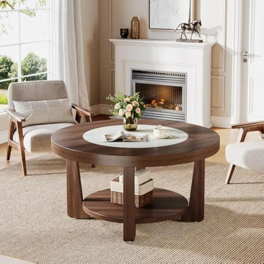 Coffee Table, 2-Tier Round Coffee Table with Heavy-Duty Wood