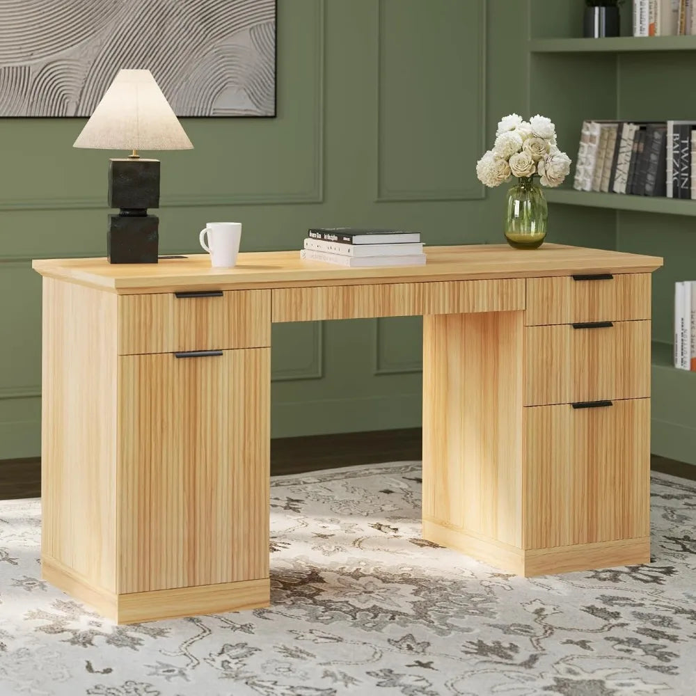 ZHUOTING Fluted Modern Executive Desk With File Cabinet Drawers