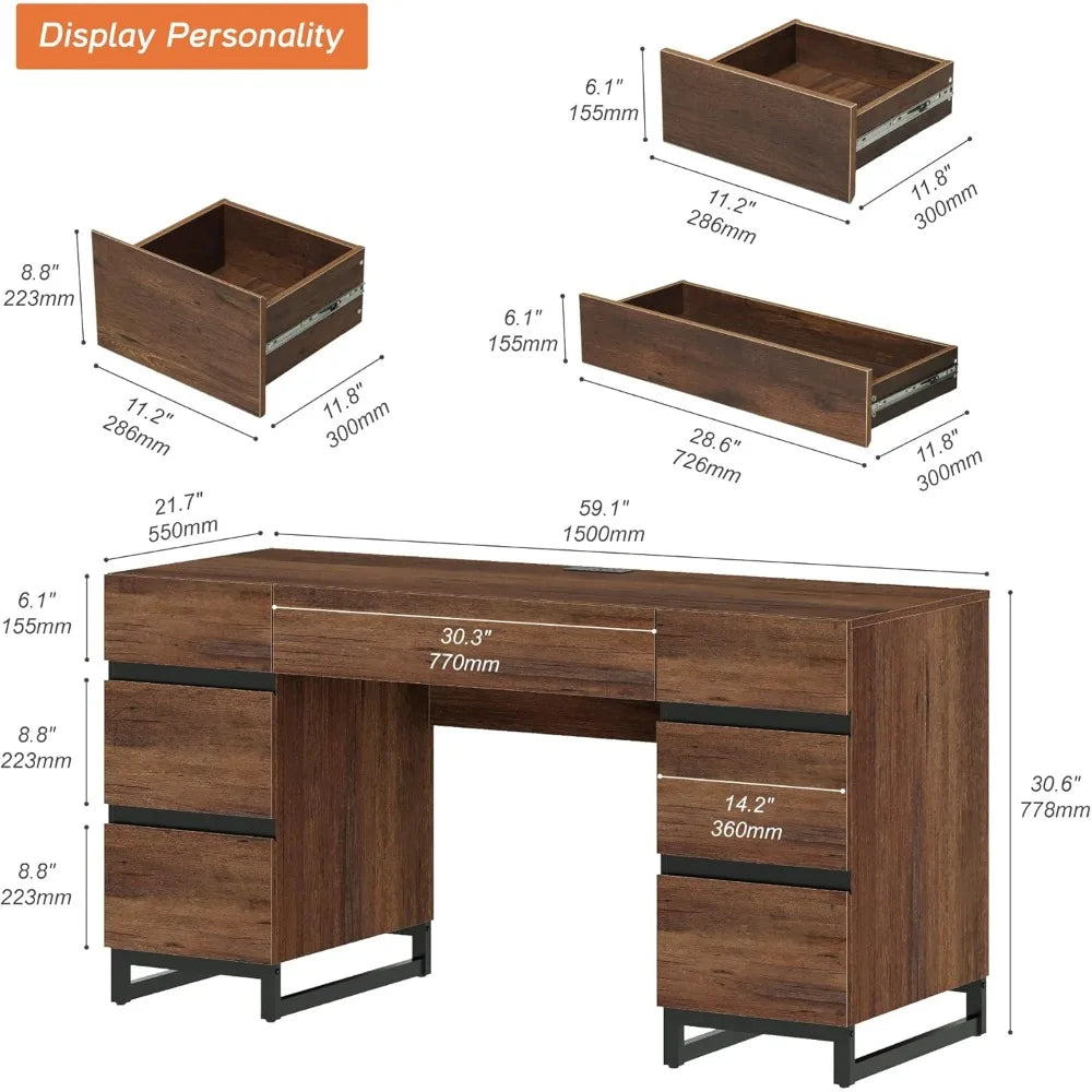 Modern Wood Administrative Desk With USB Charging And Drawers