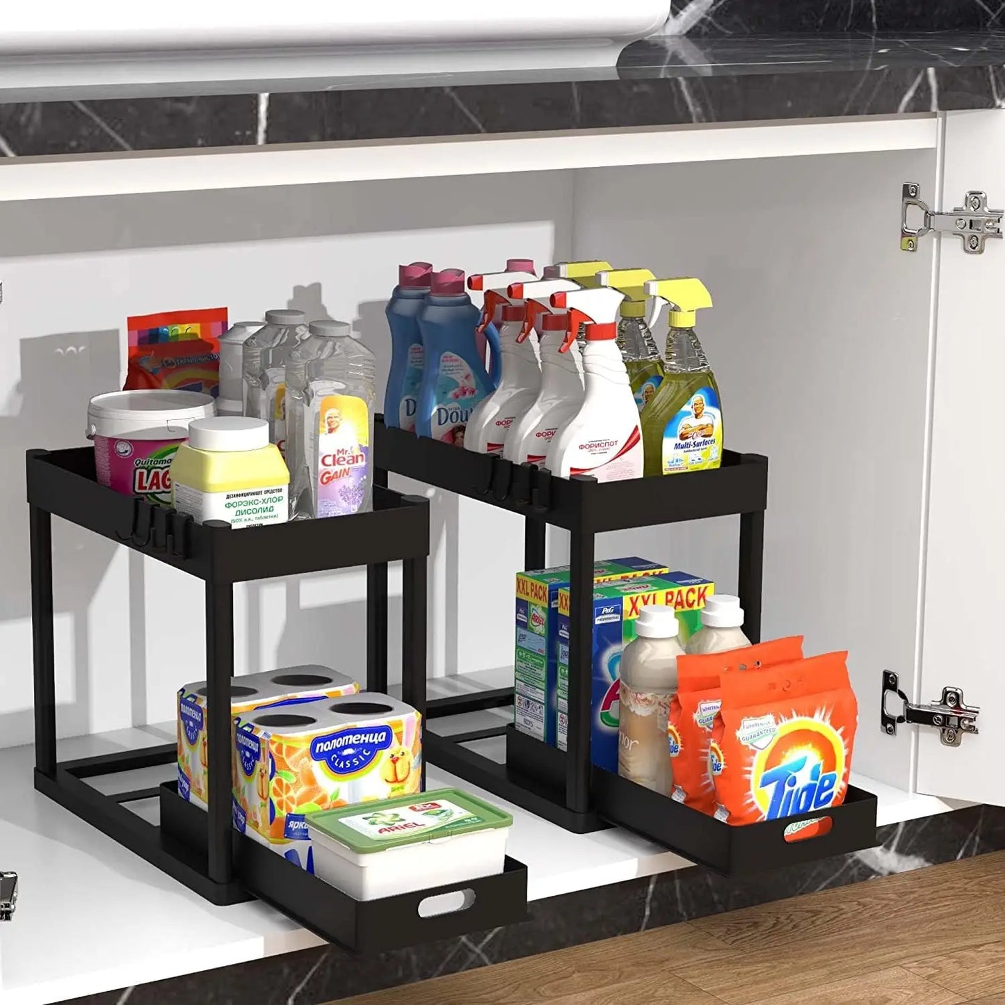 Double-Tier Pull-Out Under-Sink Storage Rack Set for Kitchen and Bathroom