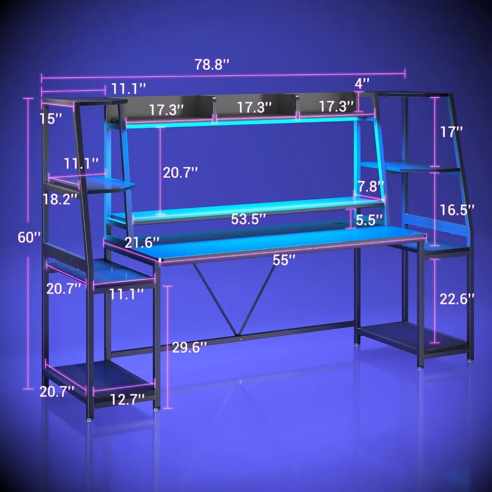 LZJV LED Gaming Desk With Hutch And Storage Shelves