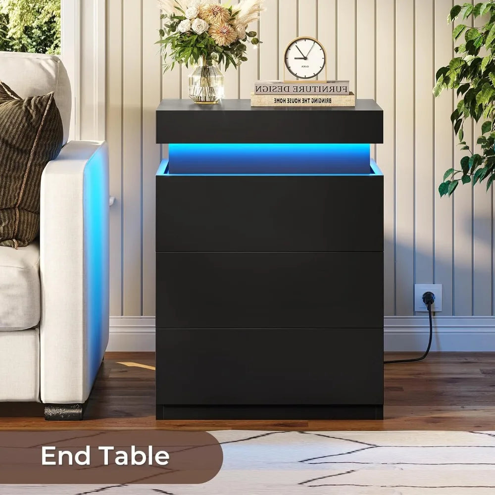 Modern Nightstand With Charging Station And LED Lights
