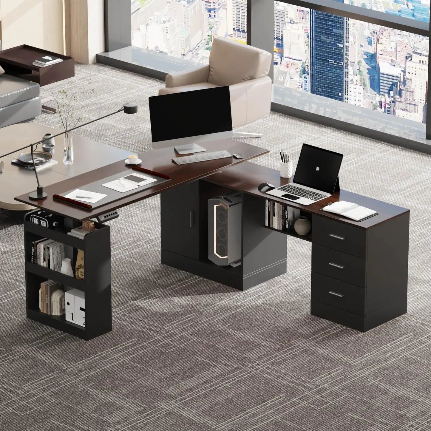 HUANZHUANG Electric Standing Desk With Drawers L Shaped Computer Desk