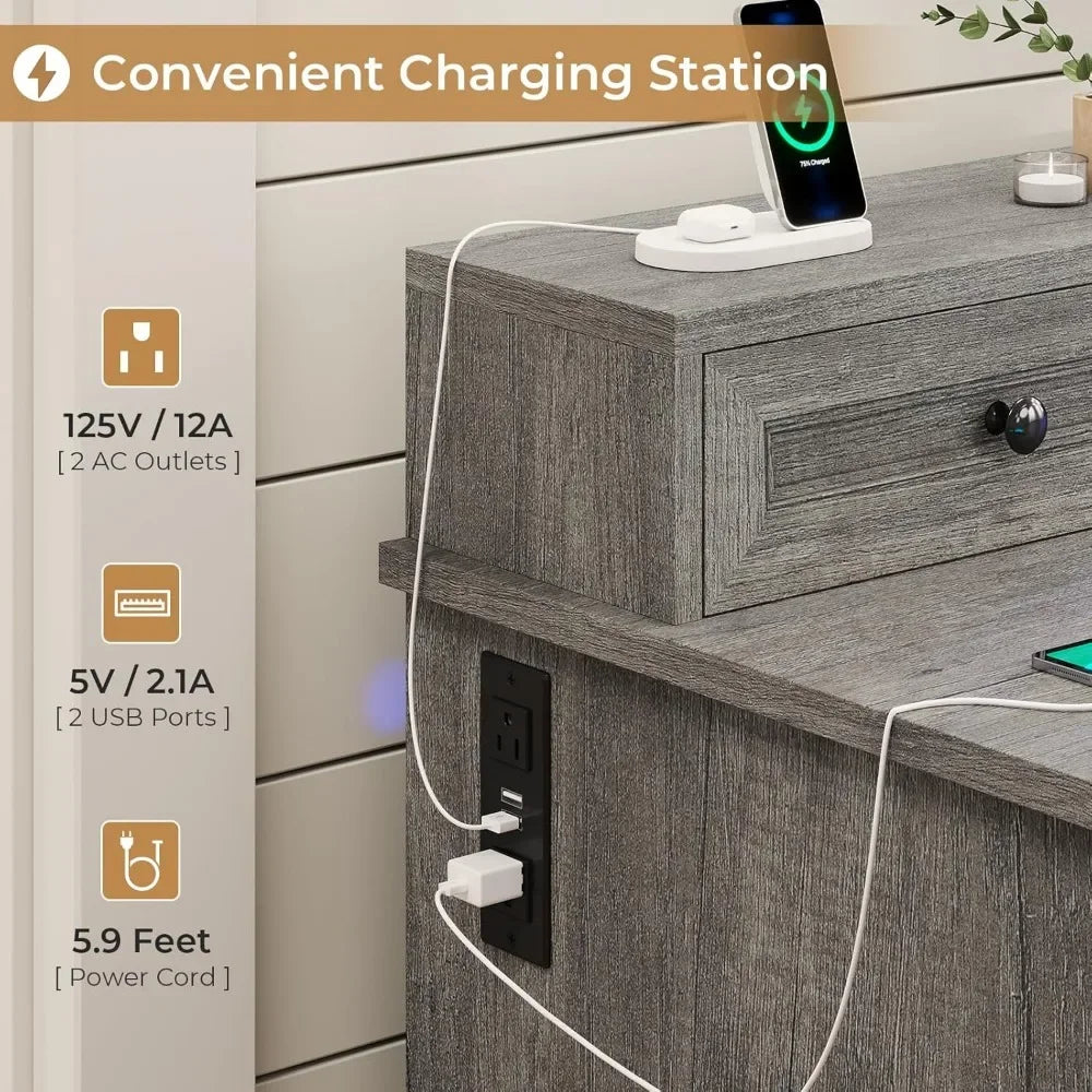 Farmhouse Executive Desk With File Drawers And Charging Station