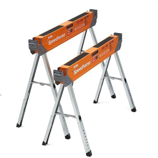 Portamate Speedhorse Sawhorse Pair– Two Pack, Table Stand with Folding Legs, Metal Top for 2x4, Heavy Duty Pro Bench Saw
