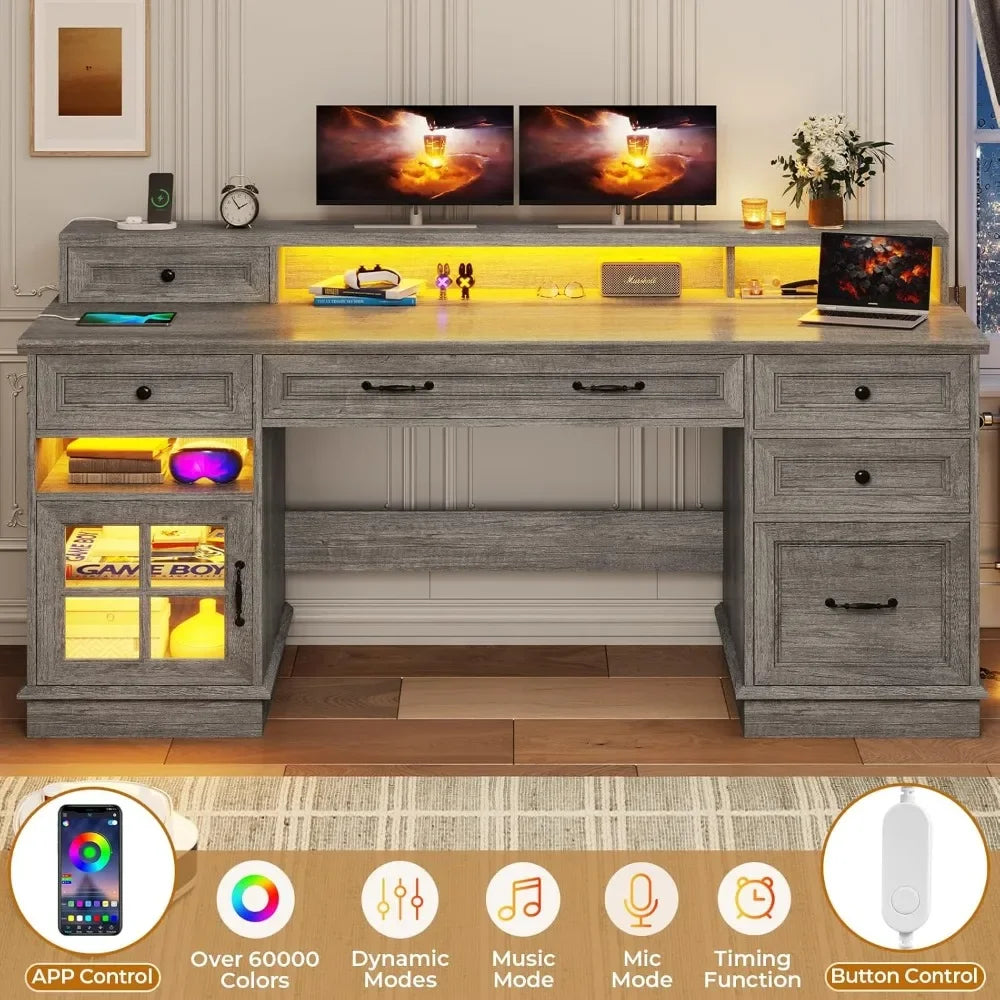 Farmhouse Executive Desk With File Drawers And Charging Station