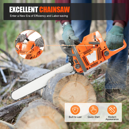 24 Inch Gas Chainsaw 72CC 3900W 2-Stroke Handheld Cordless Orange Chain Saws for Wood Cut
