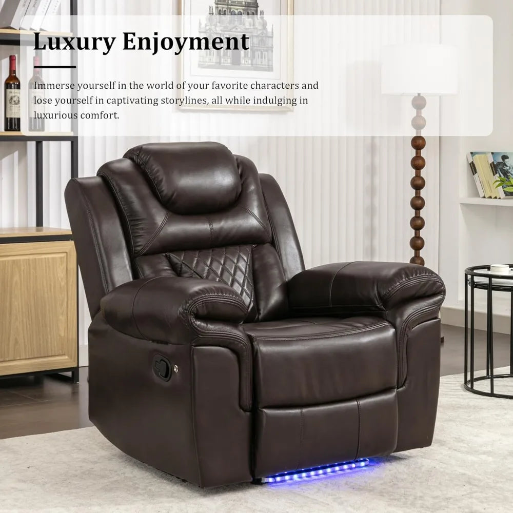 Leather Recliner Chair with Adjustable Backrest, Modern Home Theater Seating with LED Light Strip for Living Room, Home Theater