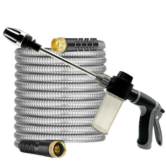 High Pressure Garden Hose 25 Feet - Stainless Steel Garden Hose Metal Flexible Car Washing Hose, With Yard Spray, Never Knotted