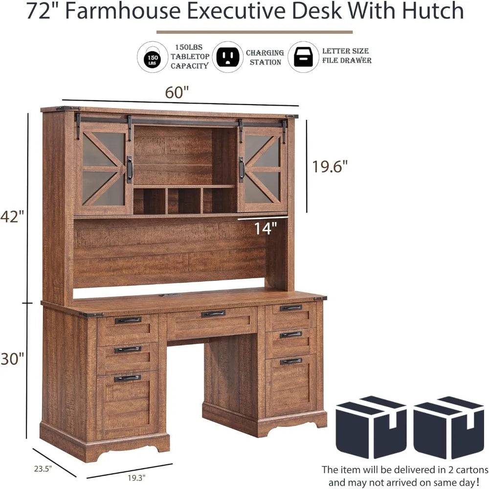 Barnwood Executive Desk With Hutch And Charging Station