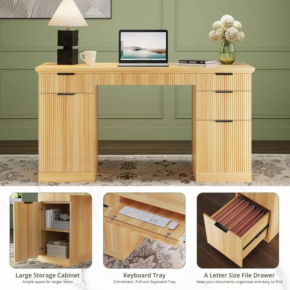 ZHUOTING Fluted Modern Executive Desk With File Cabinet Drawers