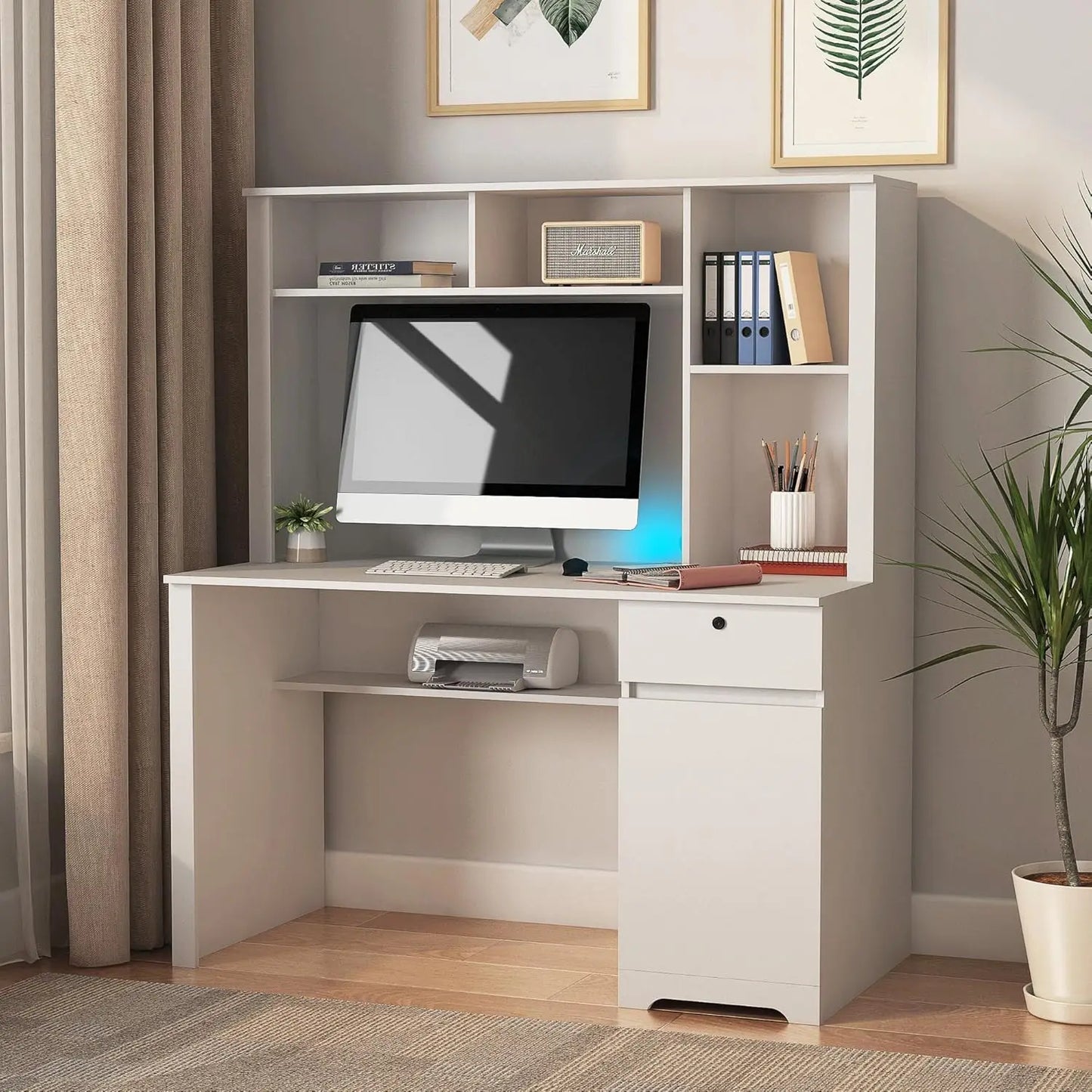 HUANZHUANG Computer Desk With Hutch USB Ports And Outlets