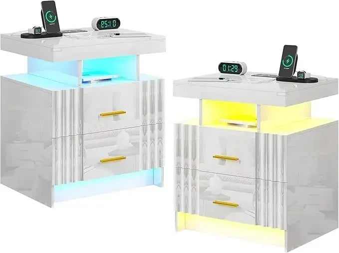 **Smart LED Nightstand Set with Charging Station and Drawers**