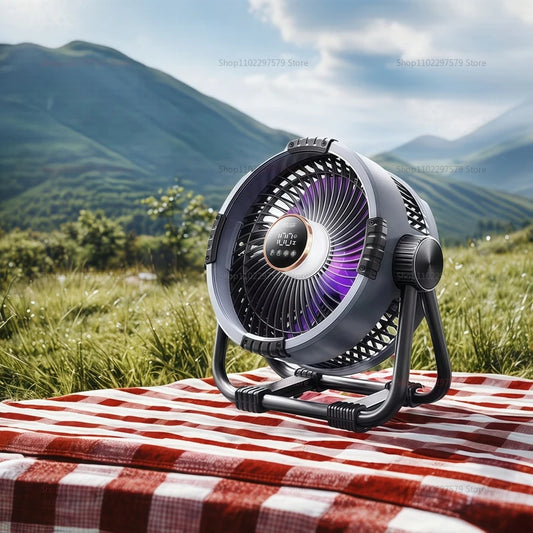 6-in-1 camping fan 20000mAh rechargeable battery portable outdoor fan 4-speed air circulator with hook LED light for camping