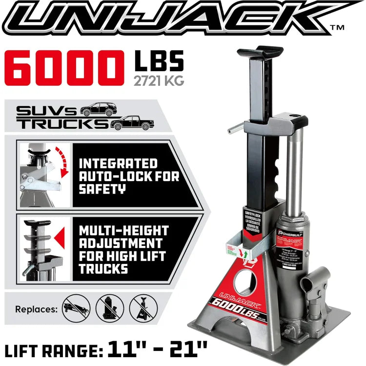 3 Ton, Bottle Jack and Jack Stands in One, 6000 Pound Capacity, All-in-One Car Lift, Heavy Duty Vehicle Unijack, Wide