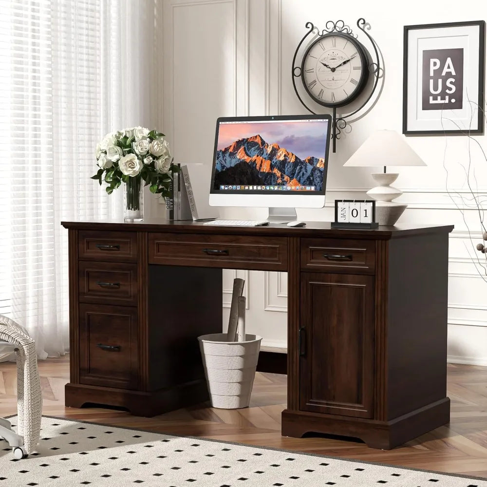 Wooden Executive Desk With Drawers And Storage Cabinet