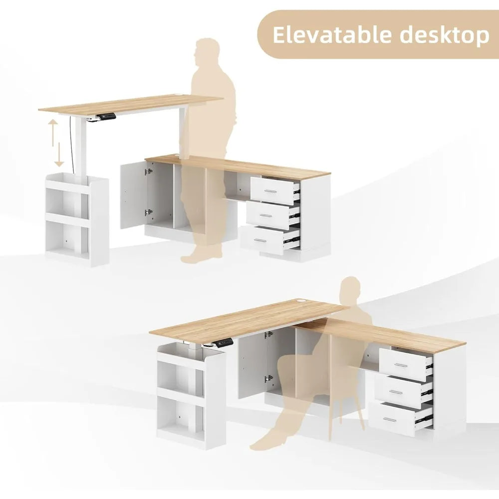 HUANZHUANG Electric Standing Desk With Drawers L Shaped Computer Desk