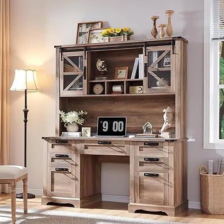 Barnwood Executive Desk With Hutch And Charging Station