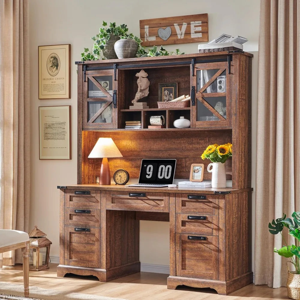 Barnwood Executive Desk With Hutch And Charging Station