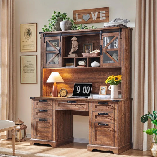 Barnwood Executive Desk With Hutch And Charging Station