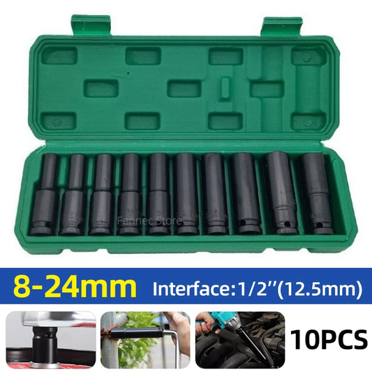 10pcs 1/2-Inch Drive Deep Impact Socket Set for Repair Tools