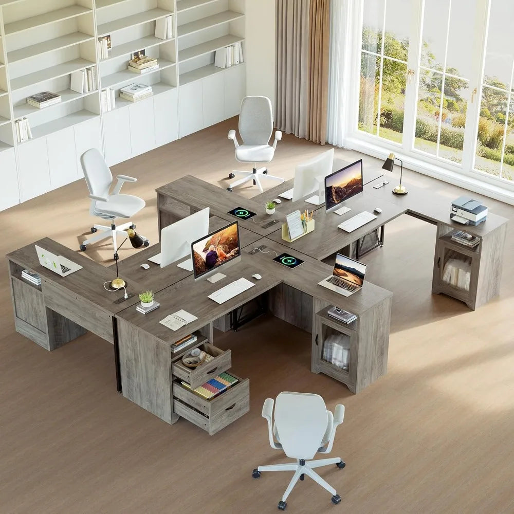 HUANZHUANG L Shaped Farmhouse Desk Hutch And Charging Station