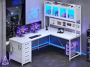 L Shaped Gaming Desk With Drawers Hutch Led Lights