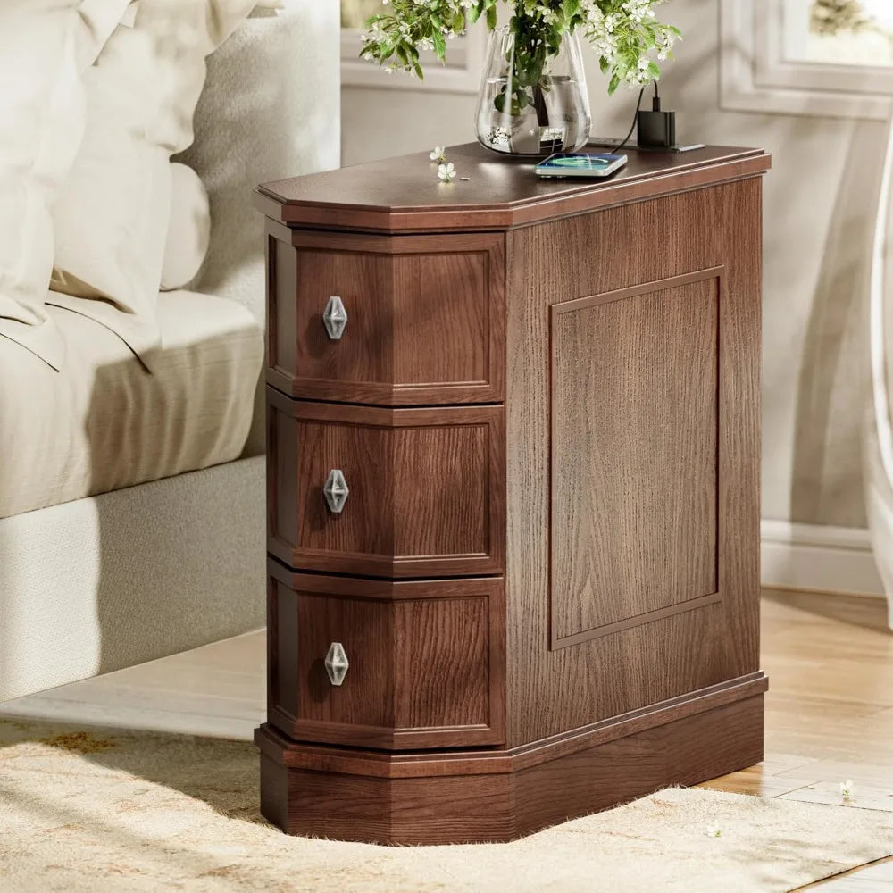 HUANZHUANG Nightstand With Charging Station End Table Vintage Style