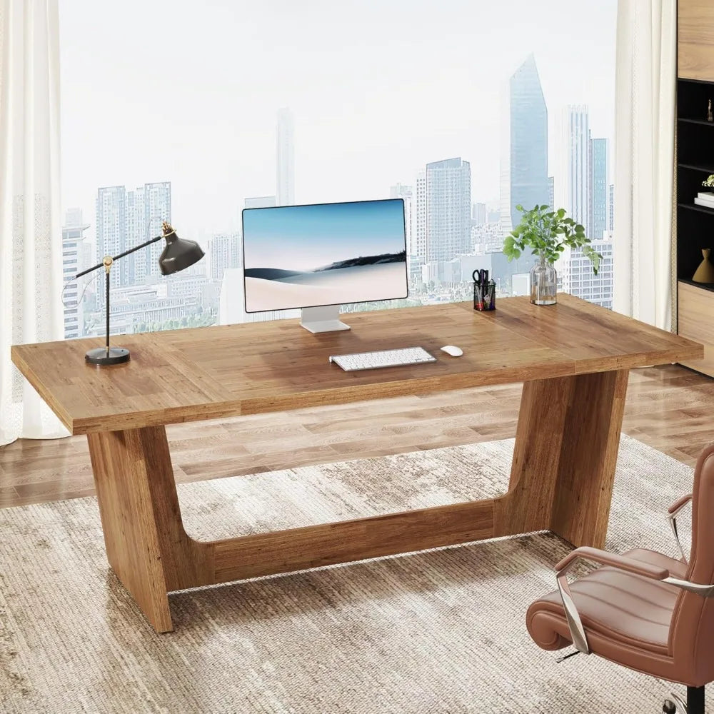 MKDK Executive Home Office Desk With Solid Wood Pedestal