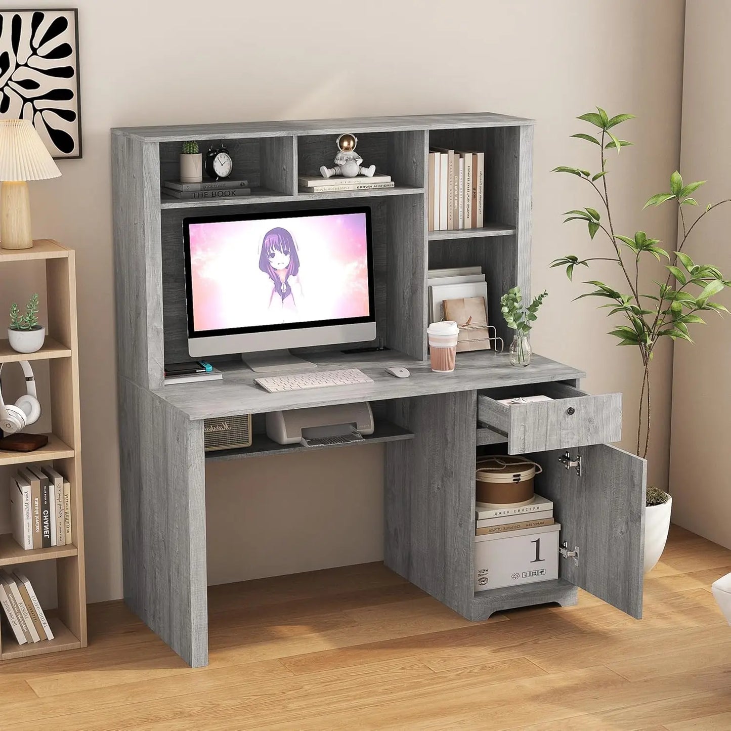 HUANZHUANG Computer Desk With Hutch USB Ports And Outlets