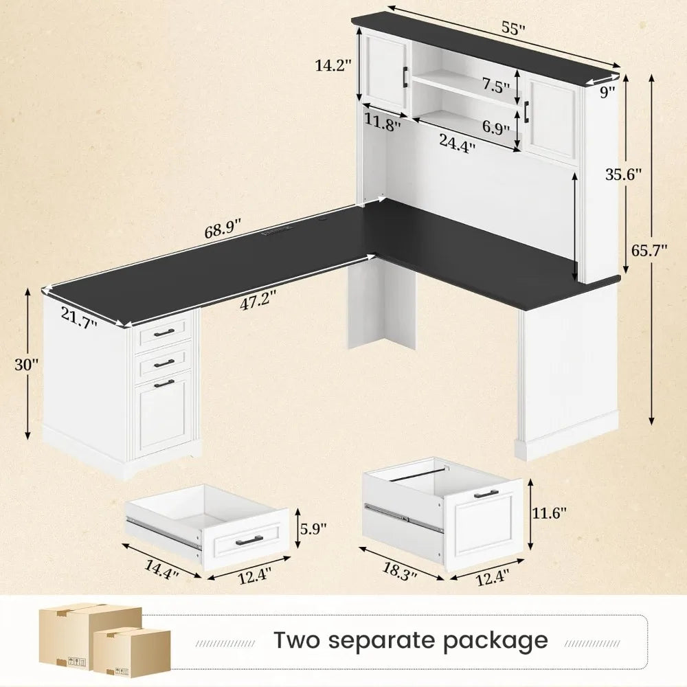 MKDK Farmhouse L Shaped Desk With Hutch And Drawers