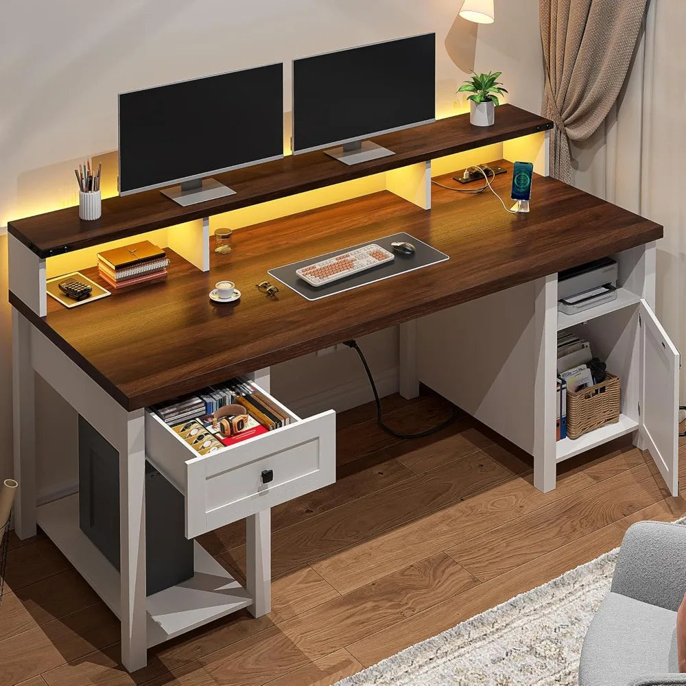 Ticify Farmhouse Desk With Drawer And Power Outlets