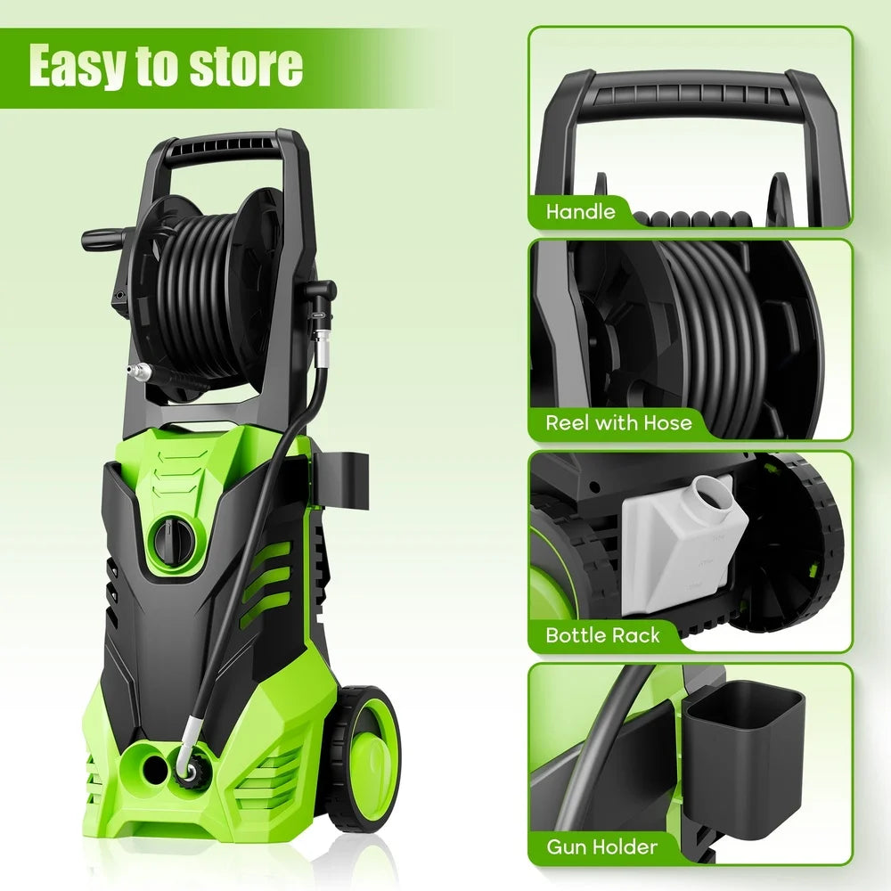 3000 PSI Electric Pressure Washer 2000W Motor 2.0 GPM 5 Nozzles Auto Stop Thermal Protection Easy Mobility Cars Homes Decks