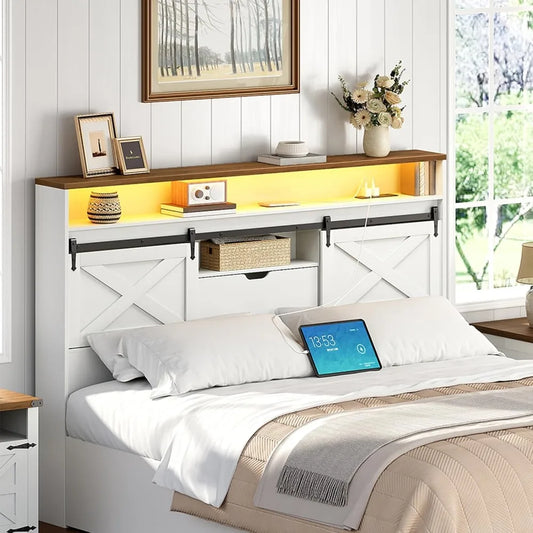 Queen Size Farmhouse Headboard with Storage Shelf Charging Station and LED Lights