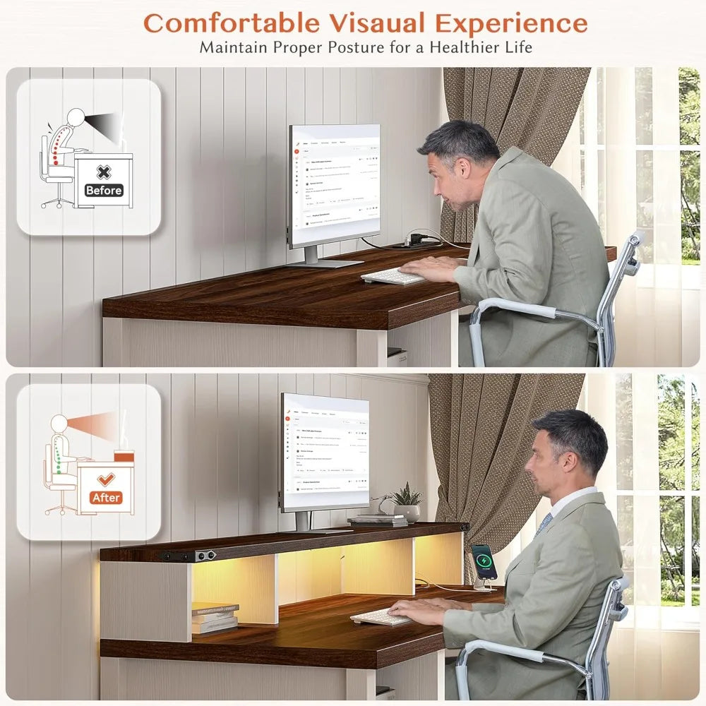 Ticify Farmhouse Desk With Drawer And Power Outlets