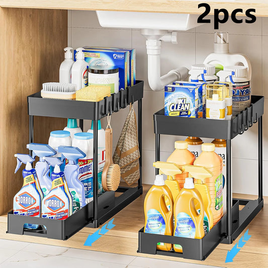 Double-Tier Pull-Out Under-Sink Storage Rack Set for Kitchen and Bathroom