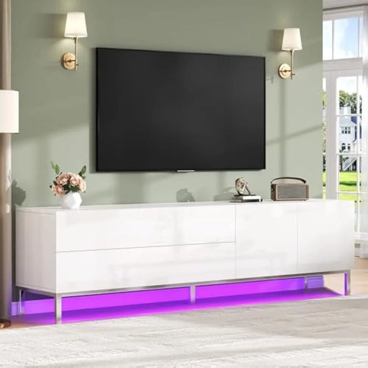 70in LED TV Stand for TVs up to 80", Modern High Gloss Entertainment Center with Storage Drawer and Cabinet, TV Console Table w