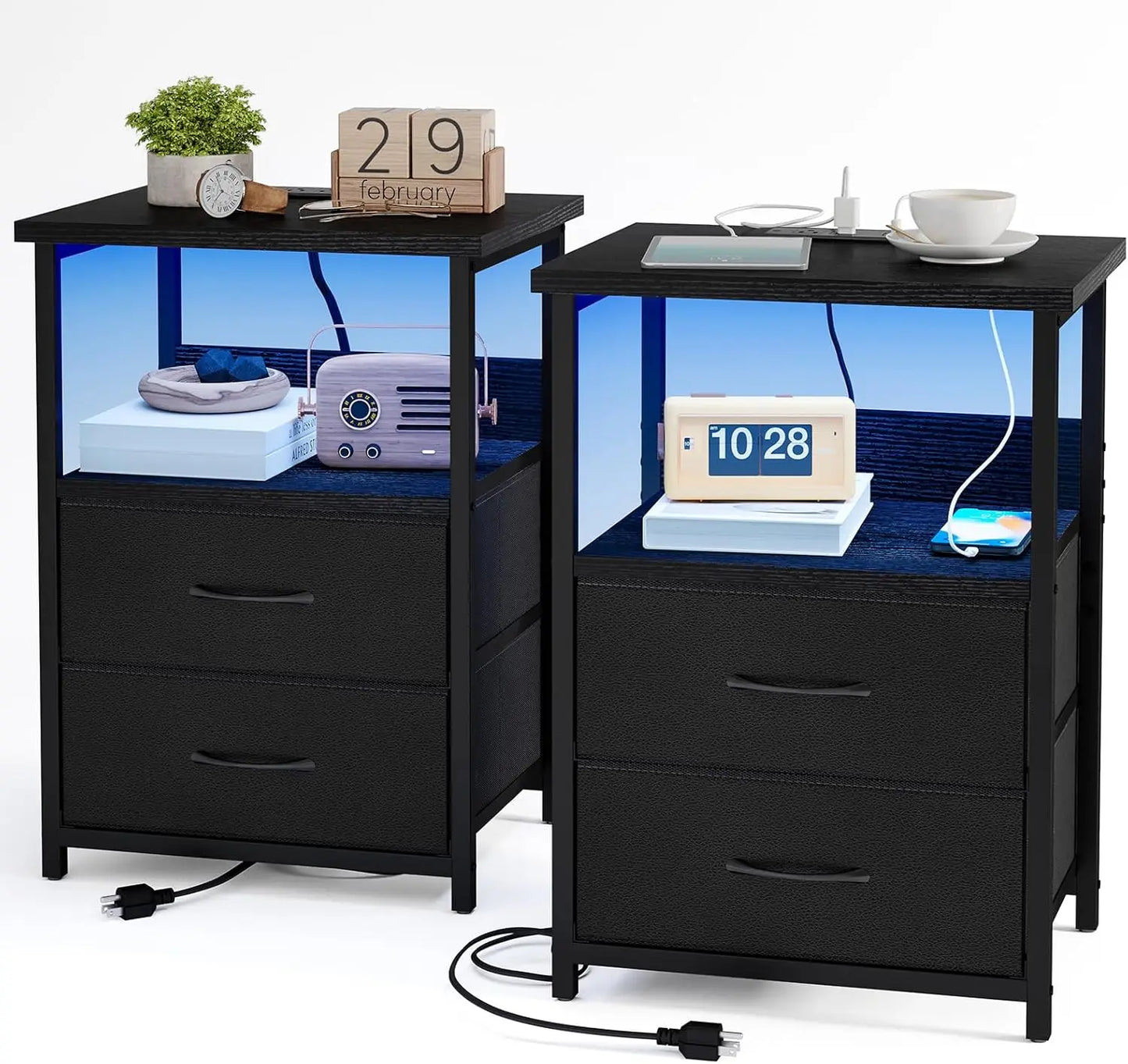 Drawer Nightstand Set of 2 With Charging Station LED