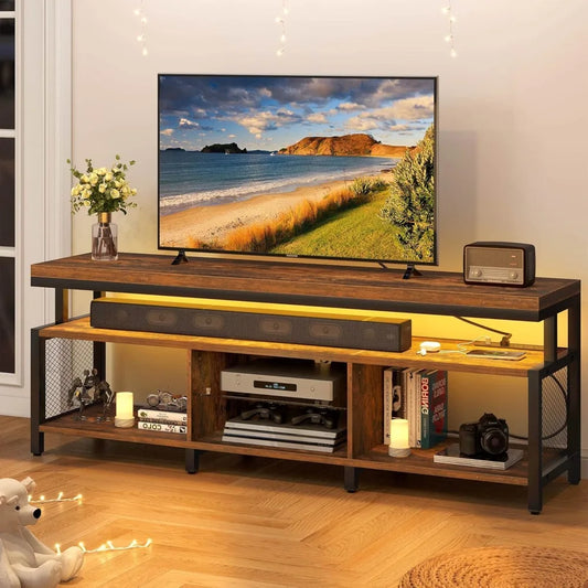 LED Television Stands w/Power Outlets for 70/65 inch, Modern Industrial TV Stand, Entertainment Center w/Open Storage, Entertai