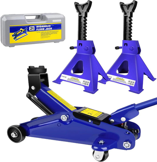 Floor Jack and Stand Combo 2 Ton Low Profile Hydraulic and 3 Ton Axle Stand Set Tire Repair Kit Steel Racing Quick Lift