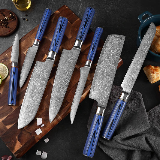 Super Sharp 1-7Piece Damascus Kitchen Knife Set 67-Layer Japanese VG10 Steel Chef's Cleaver Knife Bread Santoku Boning Knife