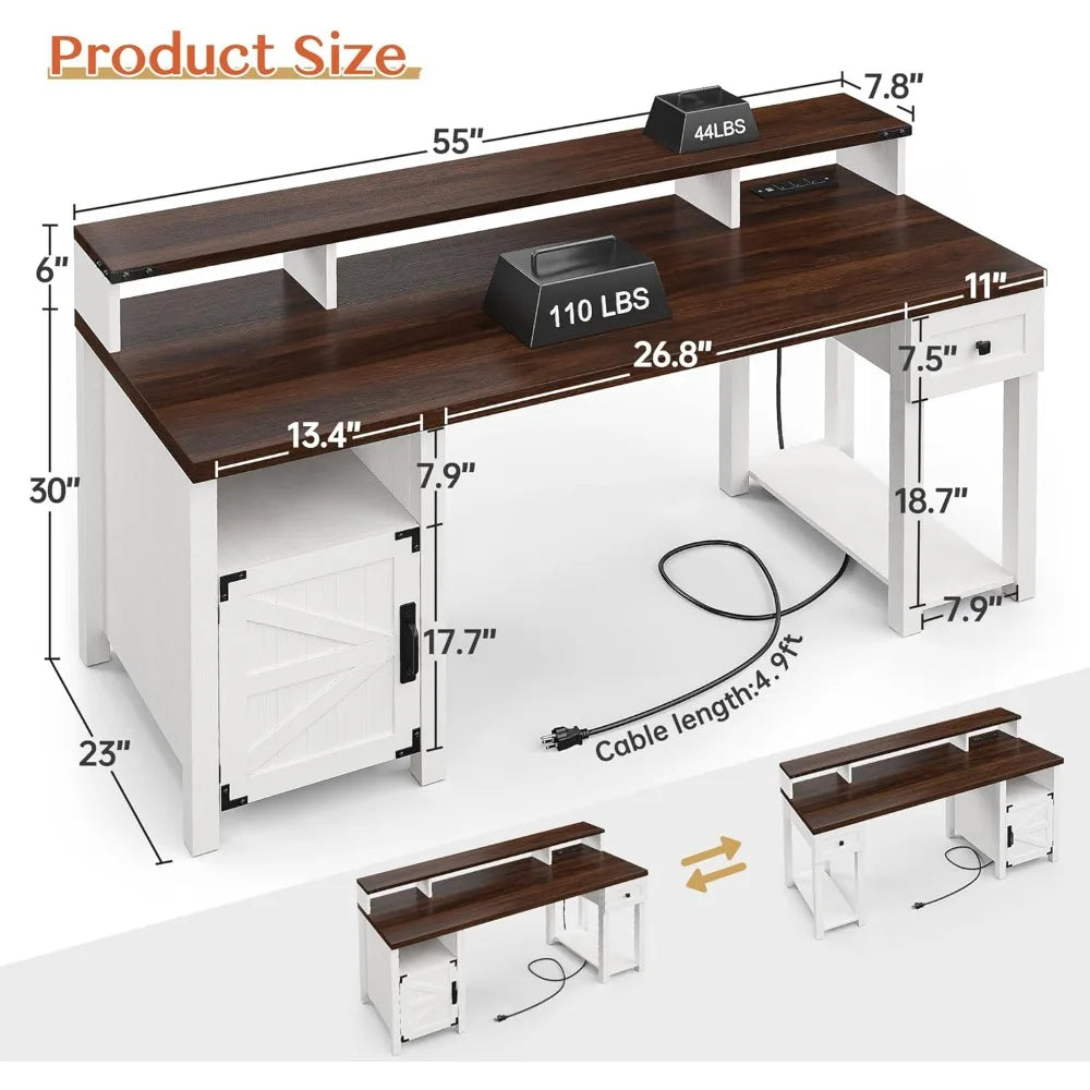 Ticify Farmhouse Desk With Drawer And Power Outlets