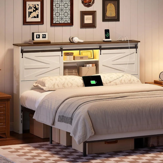 Hoobro Queen Headboard with Storage Shelf and Charging Station featuring LED Lights and Bookcase Design