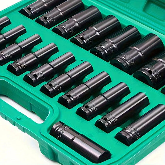 Heavy Duty 1/2 inch Drive Hex Sleeve Set - 20-Piece, 8-32mm Black Finish