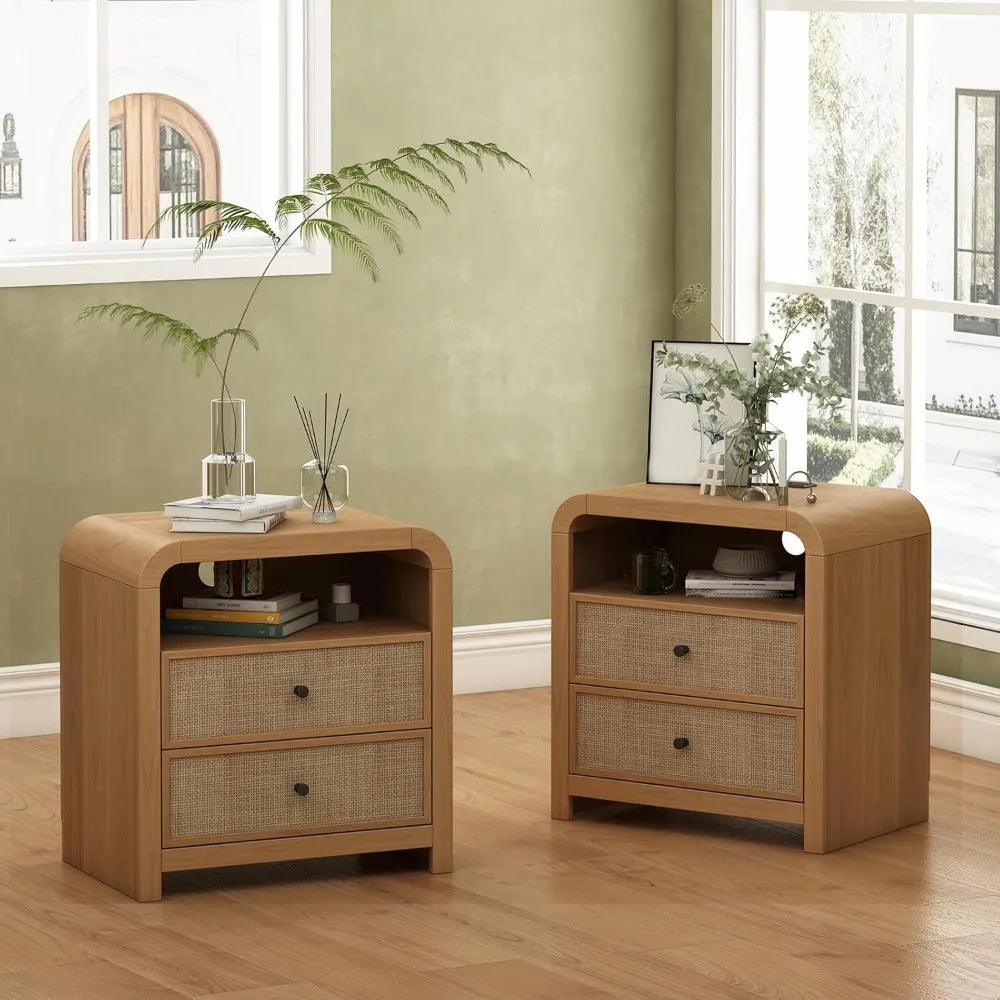 ANGDUO Rattan Nightstand Set of 2 With Charging Station